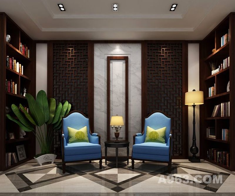 两个棕色的大书柜和地面灰色的瓷砖相融合，鲜明的蓝色独座沙发让原本严肃的空间变得轻松。相信这里不仅适合阅读办公，也适合两个人进行轻松愉快的聊天。