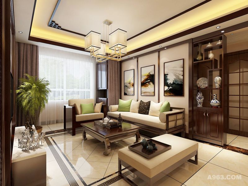 整体家具采用木质与布艺的搭配，中式中如沐春风的感觉油然而生