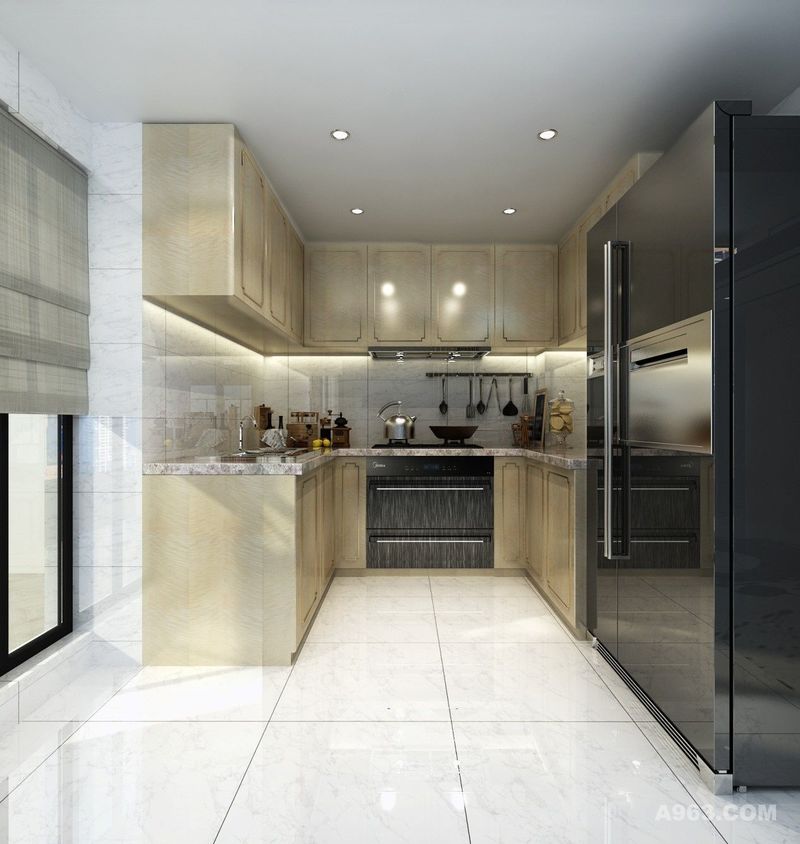 厨房雅士白石材与黑钛颜色冰箱形成强烈对比，大面积窗户保证厨房足够的采光，洗切炒放的操作流程符合人体工程学。