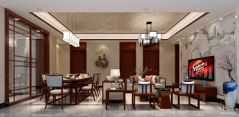 新中式风格的客厅，采用木色家私，新中式沙发！给人以韵味的感觉