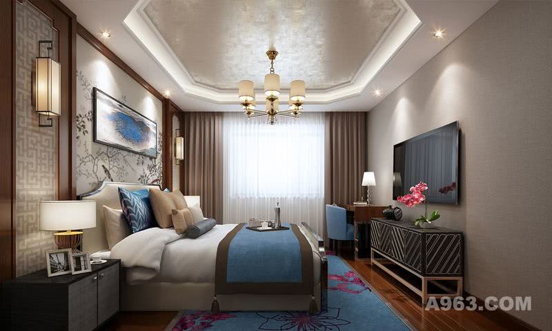 卧室—卧室同样搭配中式淡雅墙纸，及简单的深色木质家具，给人沉稳安静的感觉。
