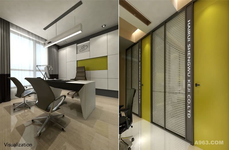 总经理的Office空间的效果图与实景图对比。