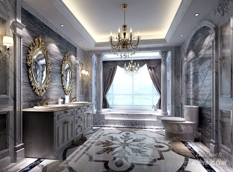 卫生间颜色基调是暗灰色系列，家具搭配是古铜色的镜子和吊灯，略带一丝神秘感。