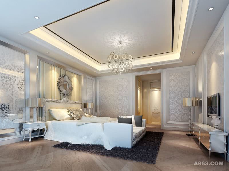 新古典卧室设计：最能体现风格的是主人房，米白色软包配上银镜磨花，令卧室更显温馨，描绘出居室主人高雅、贵族之身份。