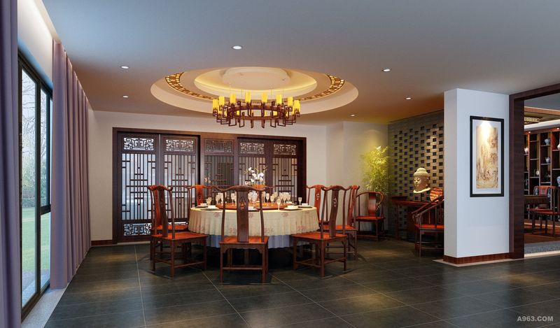 餐厅：圆形餐桌配上与之呼应的天花，仿木色圆形吊灯。在整体的色彩选择上以庄重的灰黑色为主，体现中式文化深沉、厚重的底蕴。
