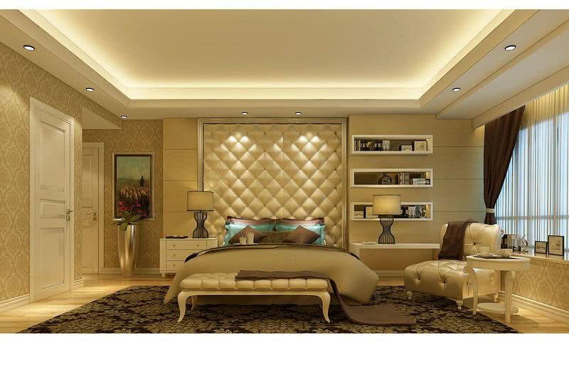 墙布，地毯，柔和的灯光让整个卧室呈现一种舒适的格调。