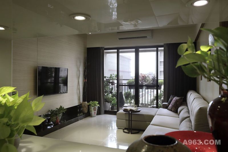 從櫃體中央的玻璃望向客廳，引入陽台的綠意風景，與室內的植栽裝飾相互呼應。