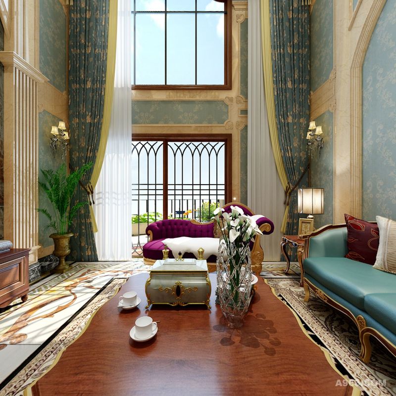 客厅运用清新淡雅的蓝灰墙布结合深色的木质装饰和浅色软装品，使其空间更立体而多层次，使其营造出最舒适的家居公共空间