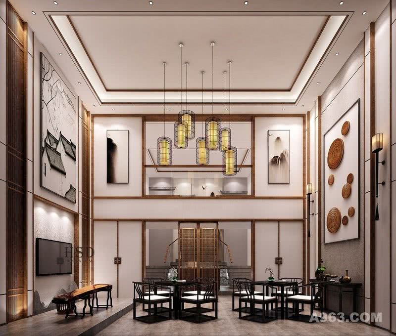 中式茶会所 ， 待客厅，大厅

大厅的设计采用对称的设计手法，传达出东方的秩序美学。