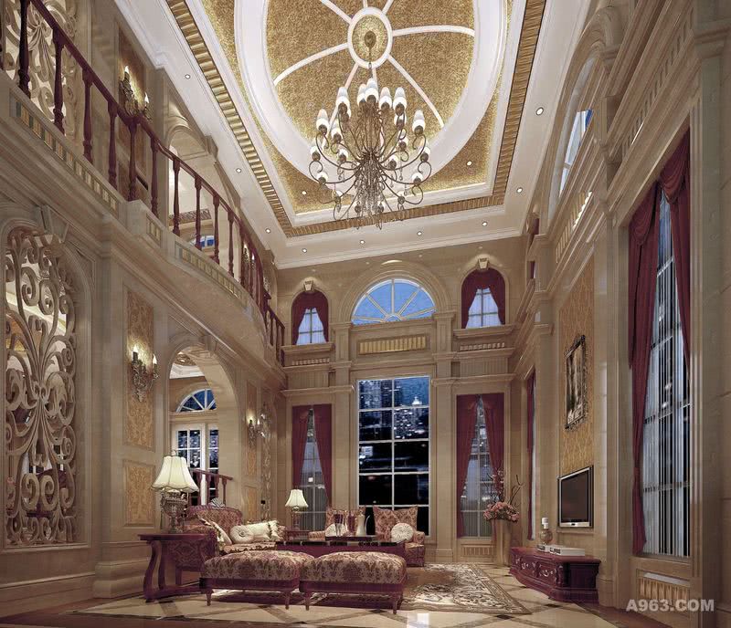 米白色的大理石与暖黄色的额天花遥相呼应
朱红色的窗帘与沙发也是统一规划
镂空的墙壁雕花给空间带进了通透感
整个空间显得大气统一
又暗中透露出一份低调的奢华