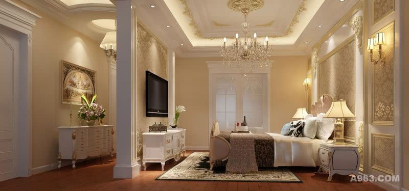主卧：卧室与衣帽间相通，延续了客厅少量金色点缀的特色，共同表达了一种法式贵族生活的悠闲和浪漫。