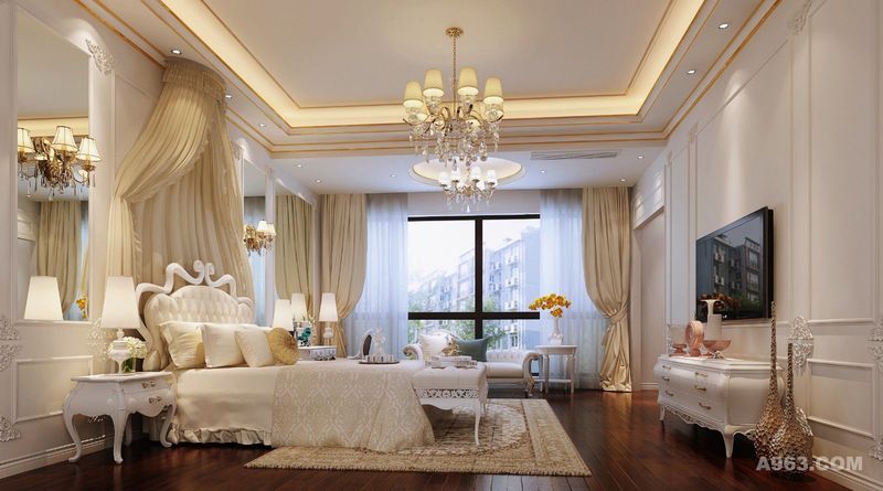 女儿房：软装以米黄、白色调、光面焗漆元素为主，华丽的帷幔、精挑细选的工艺摆设、优雅的家私打造出温馨浪漫的公主房。