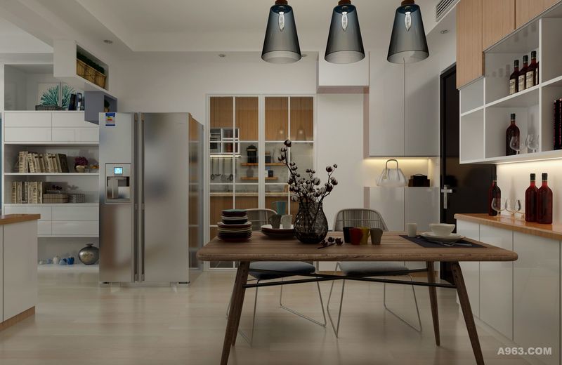 从内侧角度看过去，通过透明的推拉门可以看到厨房，增加了视觉空间和互动性。