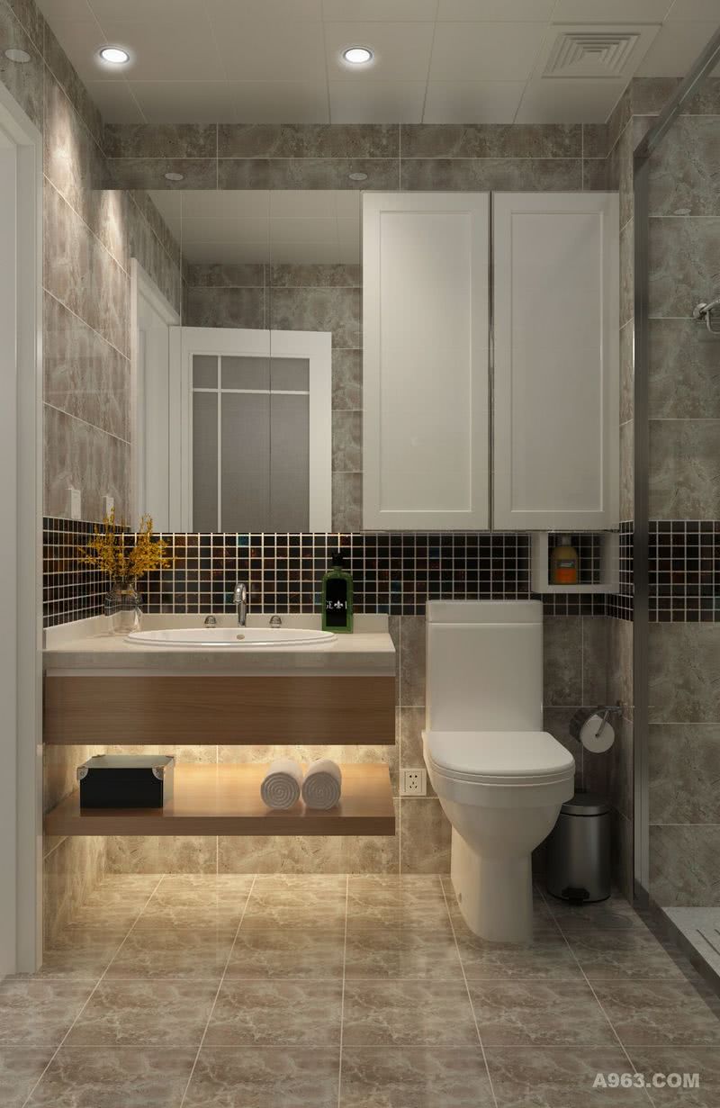 卫生间设计的简单大方，地砖与墙砖一致，色调也显得高雅很多。