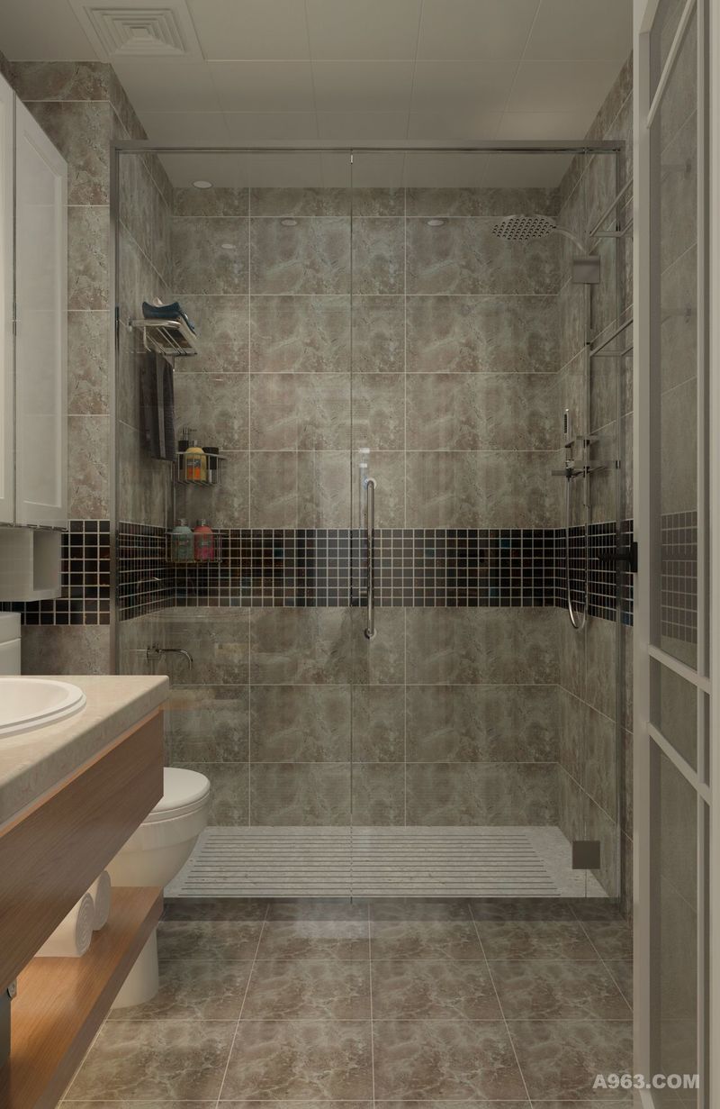 透明的玻璃浴门增大视觉空间，防滑美观的地砖也是贴心设计。