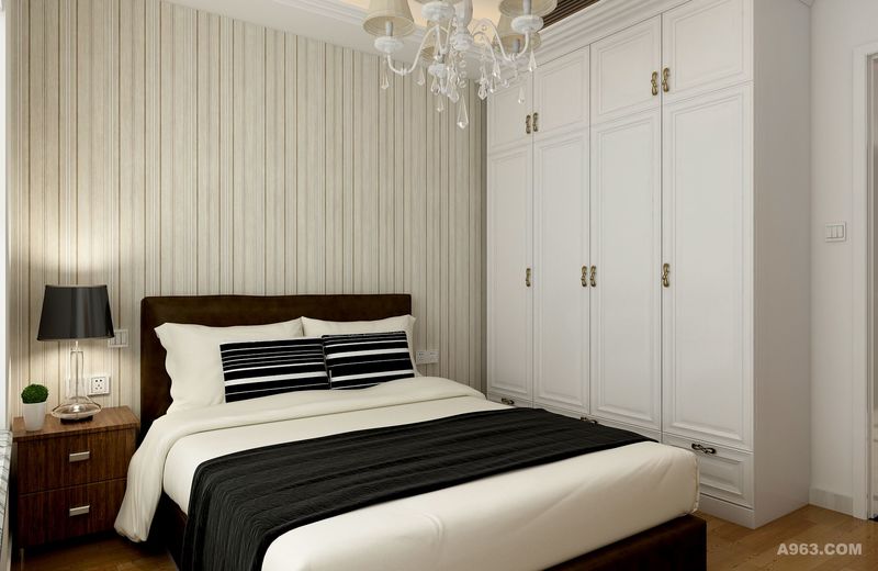 次卧在颜色上与整体保持一致，又略加改动，把卧室背景墙改用简单的竖行线条，既同主卧做了区分，还保留了北欧设计风格的特点。