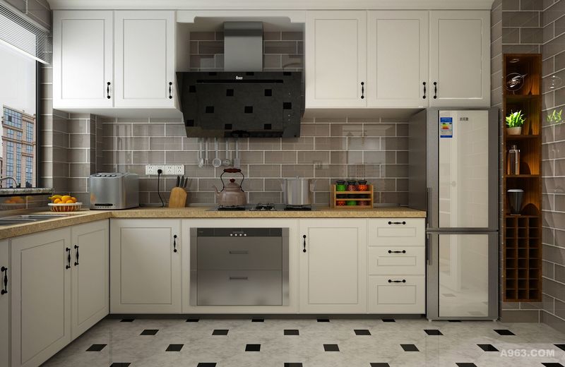 厨房设计简单实用，上下都设有橱柜，方便家中存放厨房用品。同时有效利用橱柜，冰箱与墙壁的空隙，设计了一个内嵌开放式储物格，方便常用物品的拿取，体现了北欧风格人性化的特点。