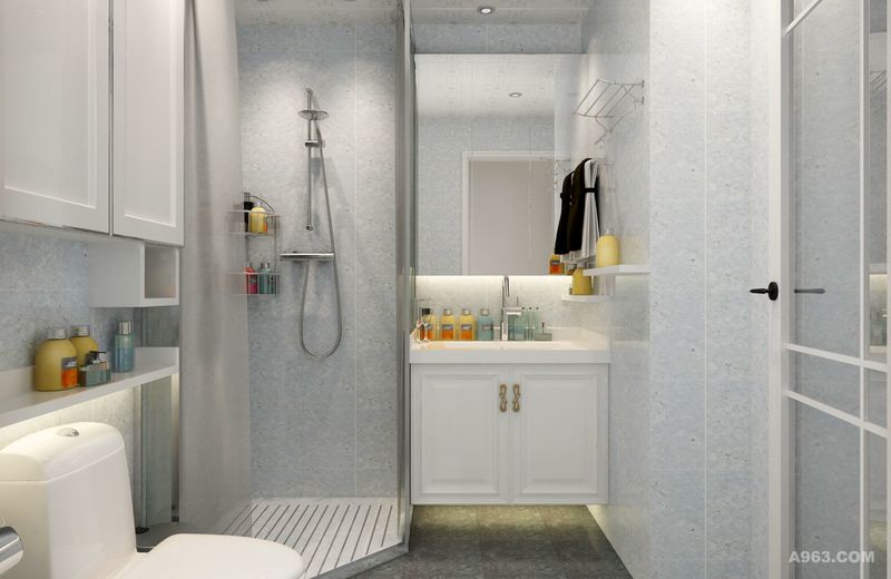 卫生间采用灰白色墙砖，在光源的作用下增加了整个空间的光感强度。透明的玻璃浴门也起到了扩大空间的视觉效果。