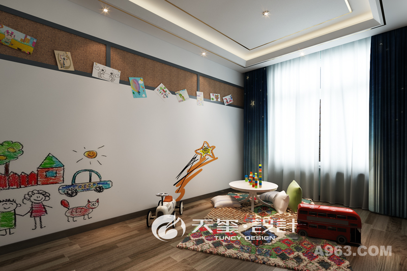 一家人卡通壁画加上儿童车摆设 再配合小圆桌积木的活泼放置使得整个儿童房“活跃”了起来。