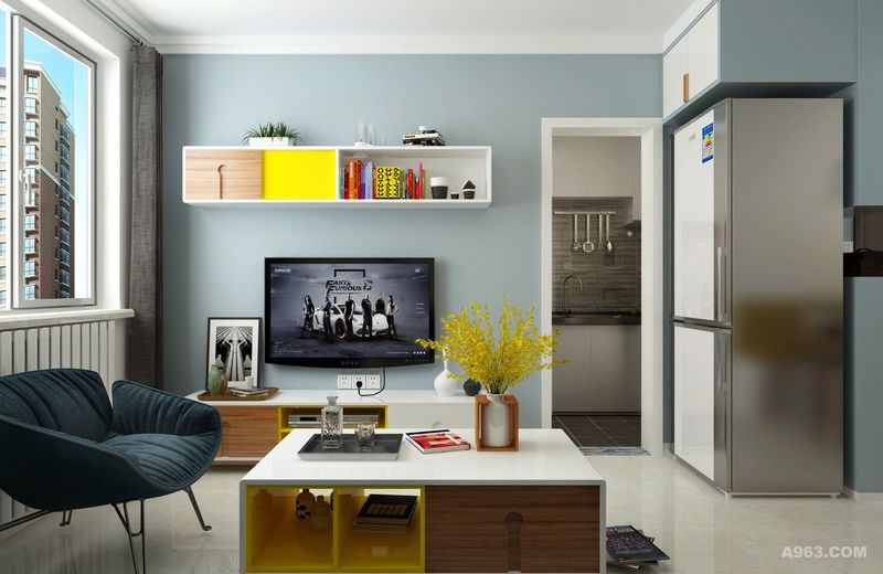 电视柜与茶几的设计简单、温馨，实用，在造型上和颜色上起到相互辉映和过度的效果，使空间在色系上看起来更加自然，在具有功能性外还增加了几分美感。