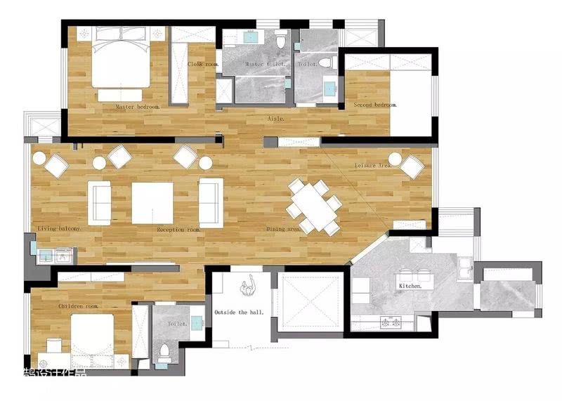 居住需要：一家三口，两个卧室，要求厨房空间大，有休闲发呆的空间。