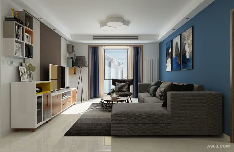 客厅设计利用简单的家居与装饰的线条来突出简洁与大方，利用颜色来划分区域，形成了立体感，在白色的基底中运用沙发，沙发地毯的色彩装饰来突出功能区。