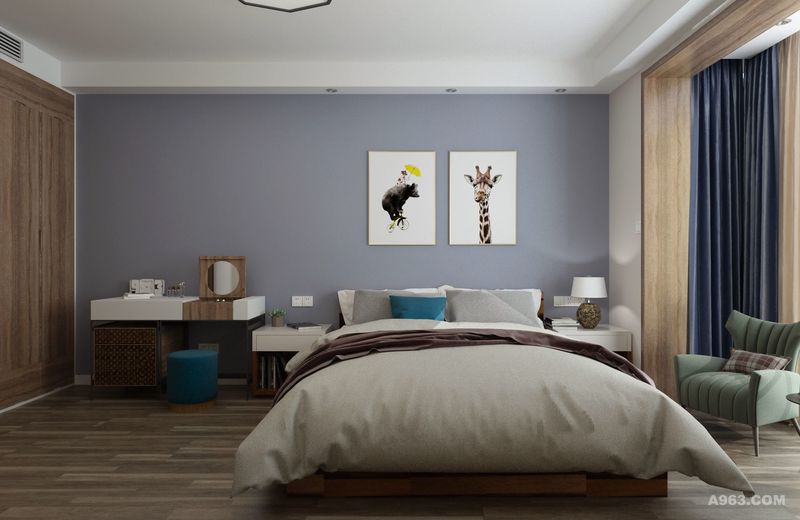 卧室是属于自己的空间，是除去尘埃放下疲惫的地方。设计特点是采用一些柔和的色调让视觉神经放松下来，缓解眼部疲劳。整体上保持时尚潮流又摒弃繁华采用简单的直线条设计和简洁的装饰来体现现代简约的风格特点。