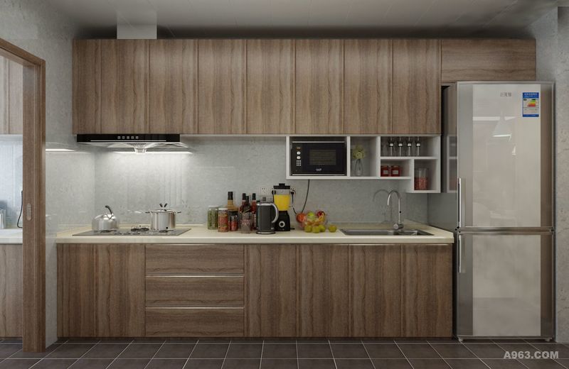 橱柜也是采用木色设计，自然元素与现代厨具完美融合在一起，直线条的装修，一体化的的设计，悬空的储物格又把厨具按类区分和方便拿取，也展现了简约风格所强调的功能性。
