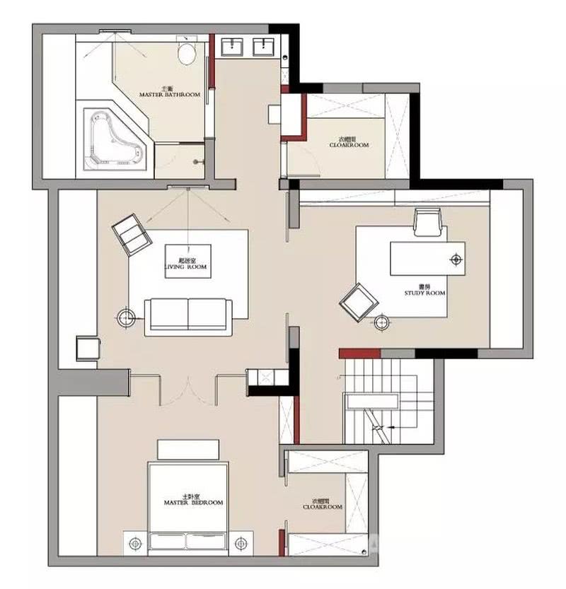 设计说明： 本户型是顶楼复式，一楼的规划上尽可能的保证了实用功能，改造了小厨房，增加了收纳空间，保留大的露台。 二楼尽可能的舒适，整个空间就是主人的大套间。