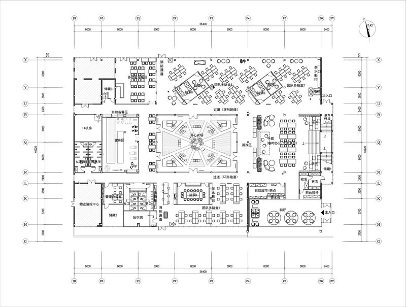 1F平面布置图：环形跑道围绕中心露天休闲空间，将办公、会议、休闲、健身等功能盒子串联起来，形成办公有机体