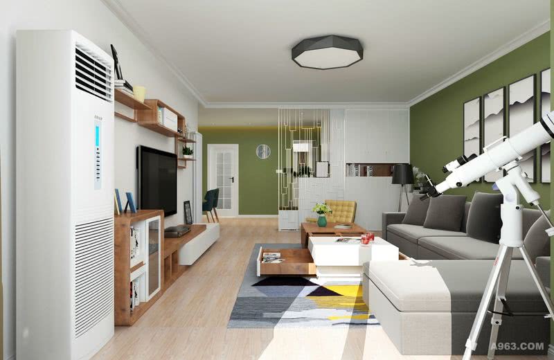 客厅的设计简洁、现代，设计师利用简单的颜色来突出使用区域。黑，白，木色的搭配也更加符合装饰艺术风格的特点。