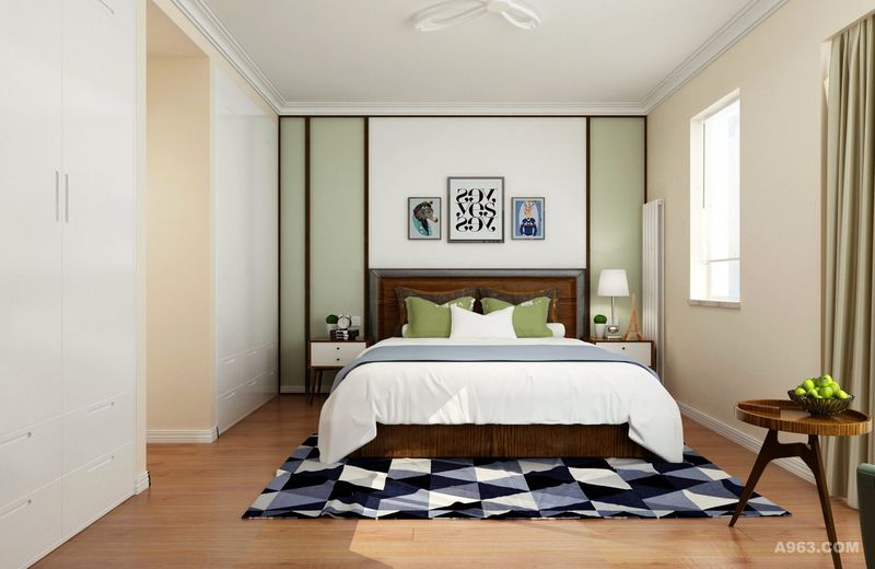 房间的家居的整体选择注重方与圆的搭配，使之呈现出柔和的效果。