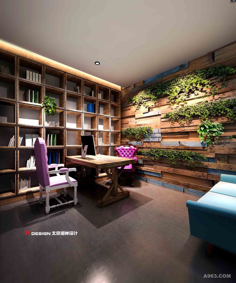 洽谈室
木条搭配绿植
组成墙面
给空间增添了一丝绿意
落地书架与办公桌呼应
清晰、协调