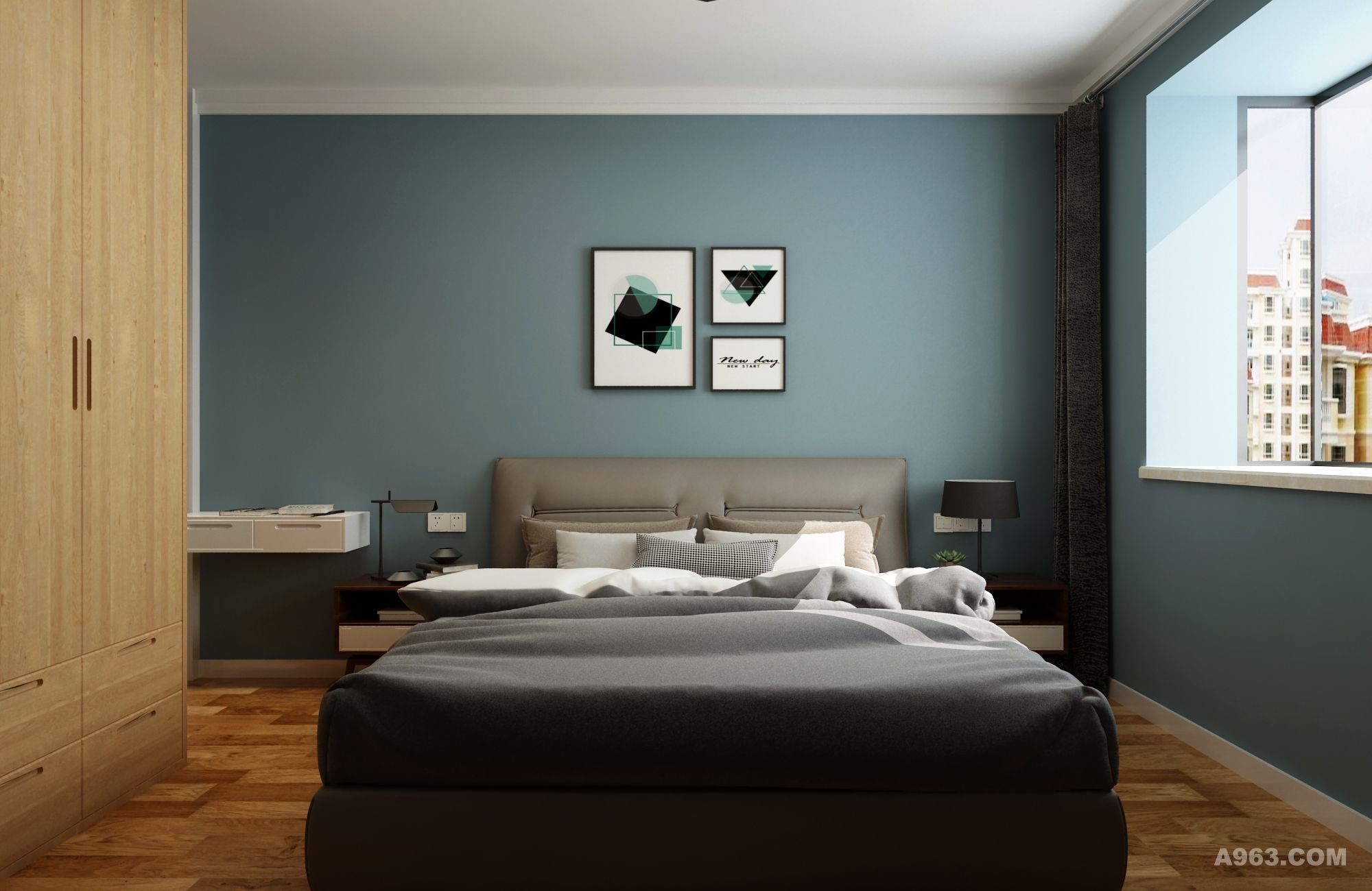 卧室同样采用高级灰加蓝色的优雅配色方案，让人沉静，衣柜及地板的木色又给人温暖的感觉。同时实木地板还能够起到保温的作用，同样给家中带来温馨的效果。