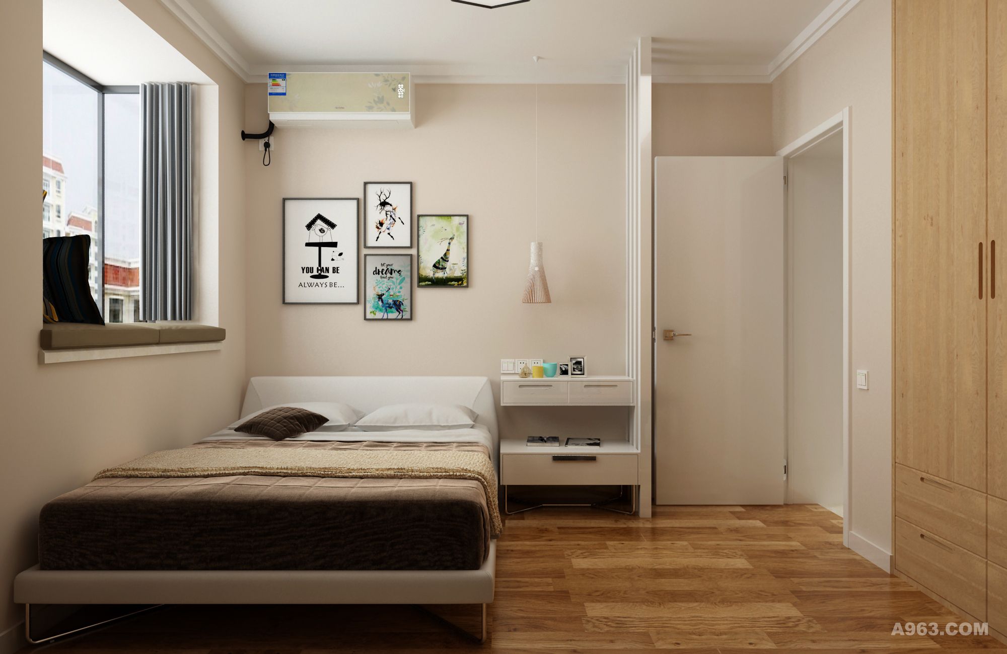 次卧设计采用米色及木色作为主色调，米色是视觉最放松的颜色之一，同样具有优雅大气的特性，搭配木色地板和衣柜，使整个儿空间十分安静、温馨。