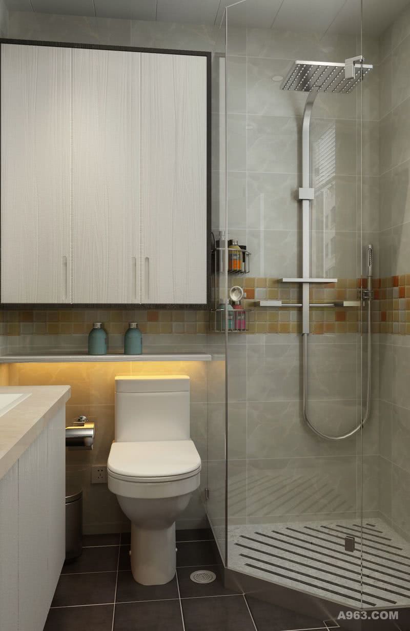 干湿分离的卫浴是现在设计的主流，透明的玻璃浴门是也是时尚的前沿，象征着现代人的开放与不羁。