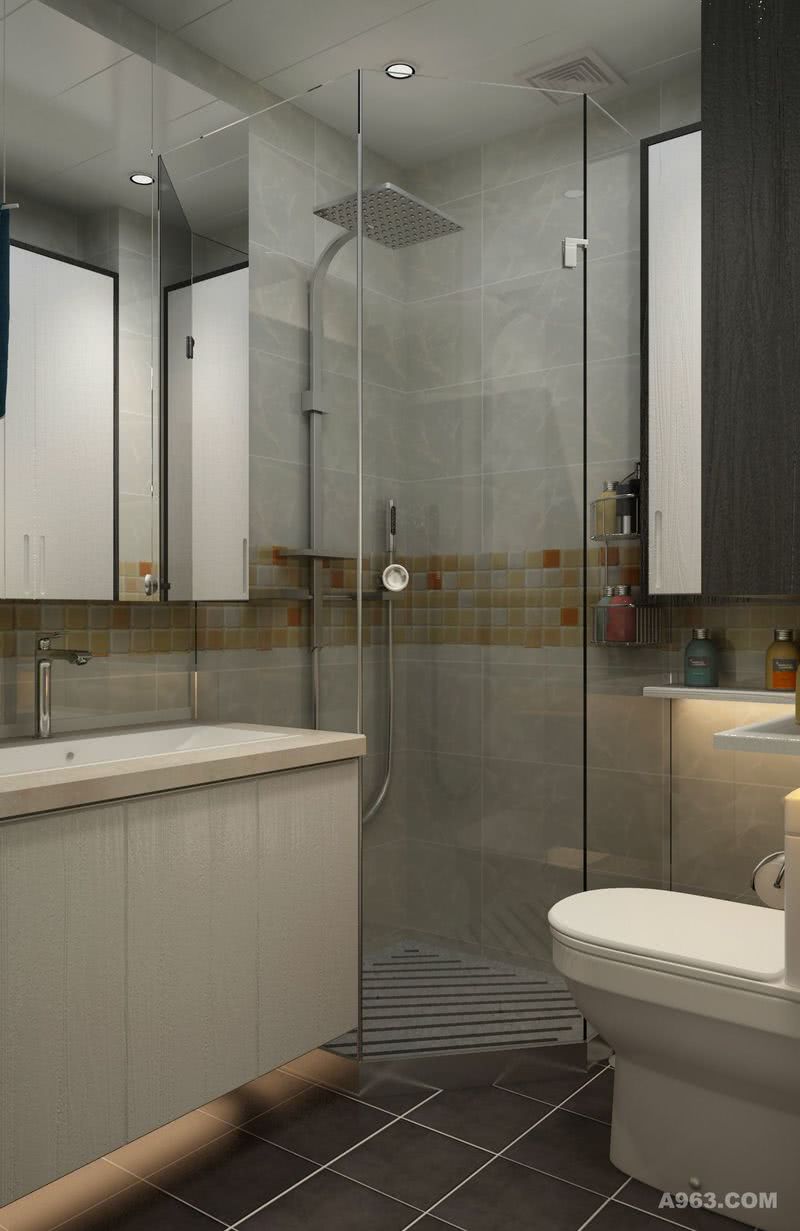 浅色的洗手台看起来更加干净整洁，透明的玻璃浴门也使增加了空间感。