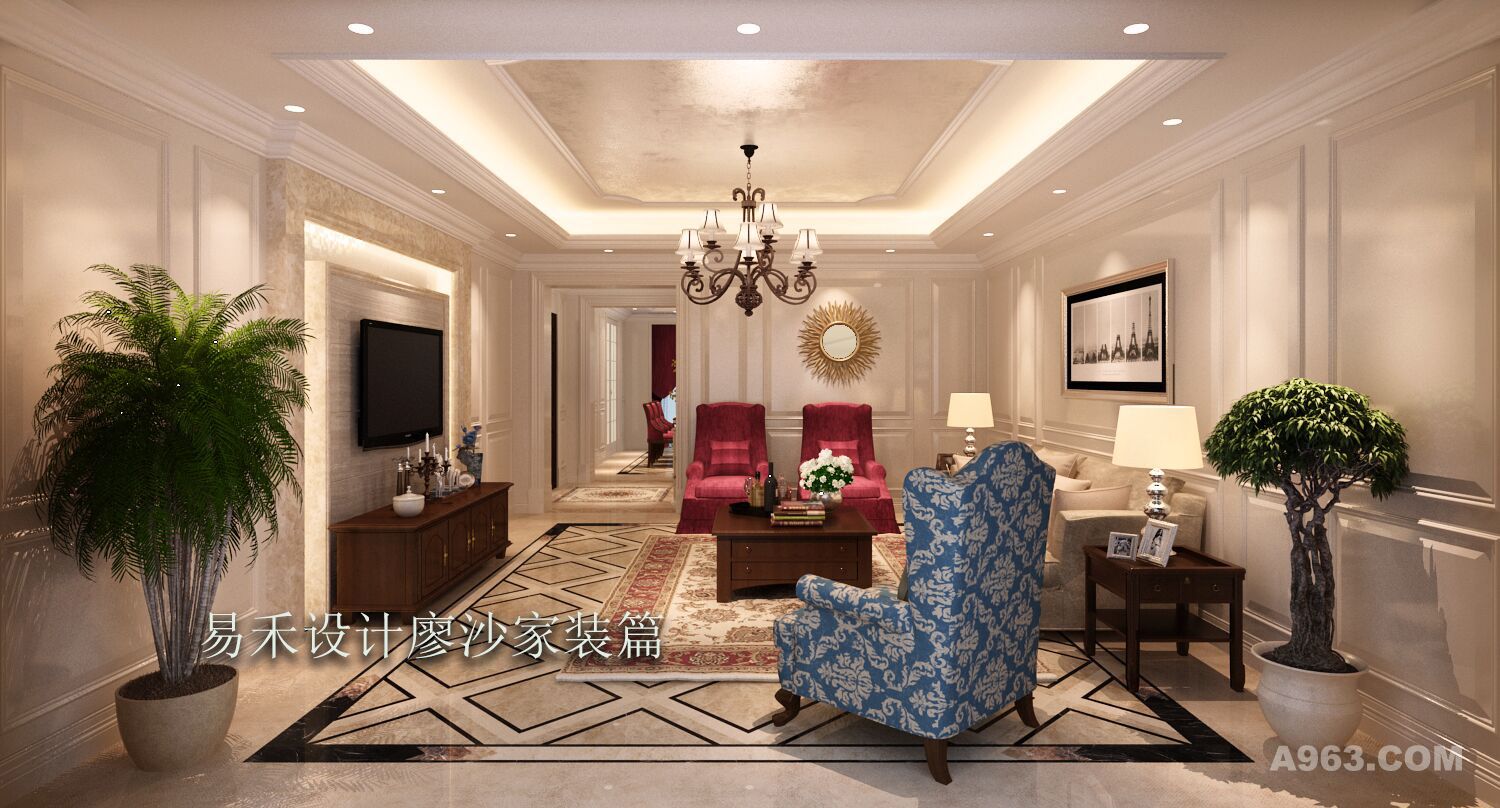 客厅在设计上，摒除传统法式花哨的装饰，忠实的原木茶几带来新意，红蓝两组沙发增添了一丝生动，整个空间布局干净中透出内敛的奢华
