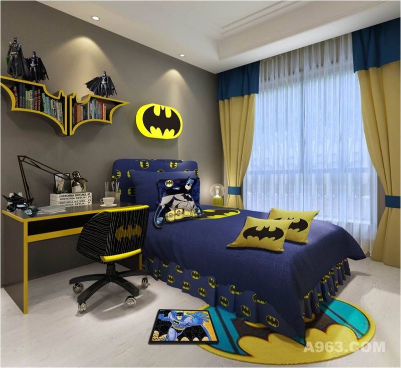           定位在10岁左右的男孩儿房，以蝙蝠侠为主题，以黄、蓝、黑、白为主调营造出小男生酷酷的独立世界。
