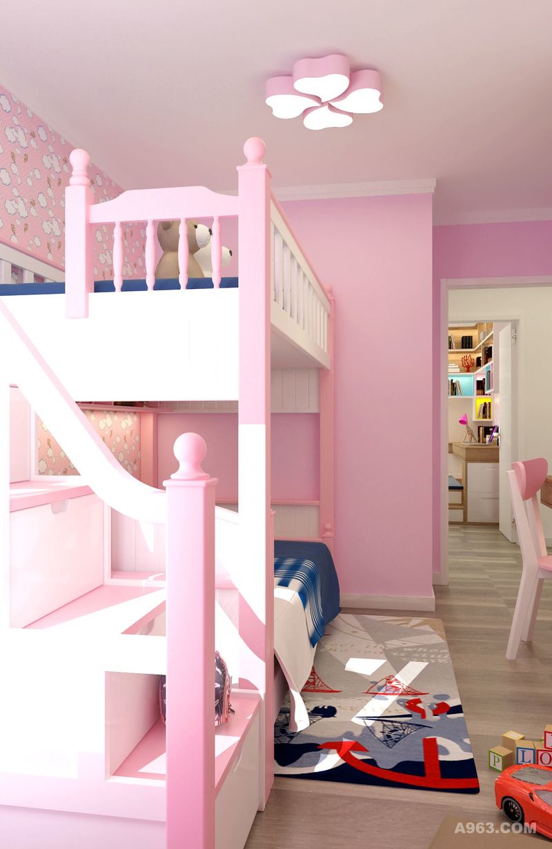 上下铺的儿童床节省空间，也有童话般的感觉。